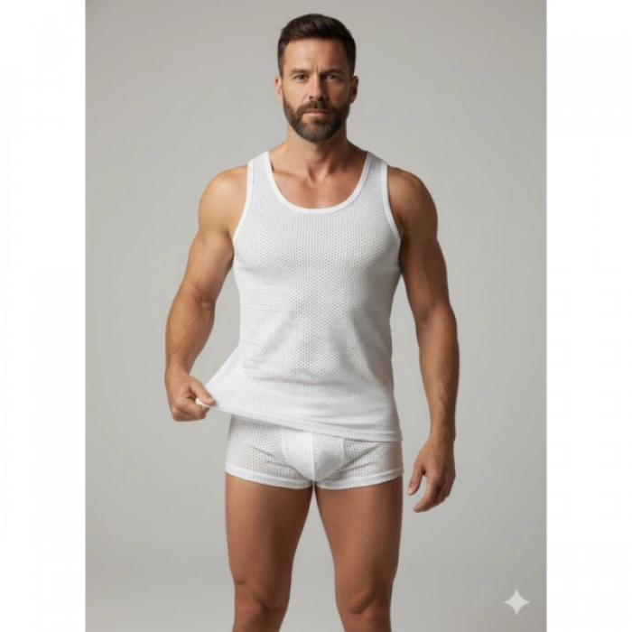Erkek Beyaz File Tank Top Boxer Takımı