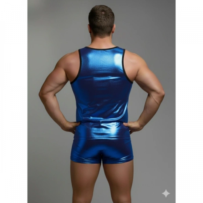 Erkek Mavi Lame Tank Top Boxer Takım