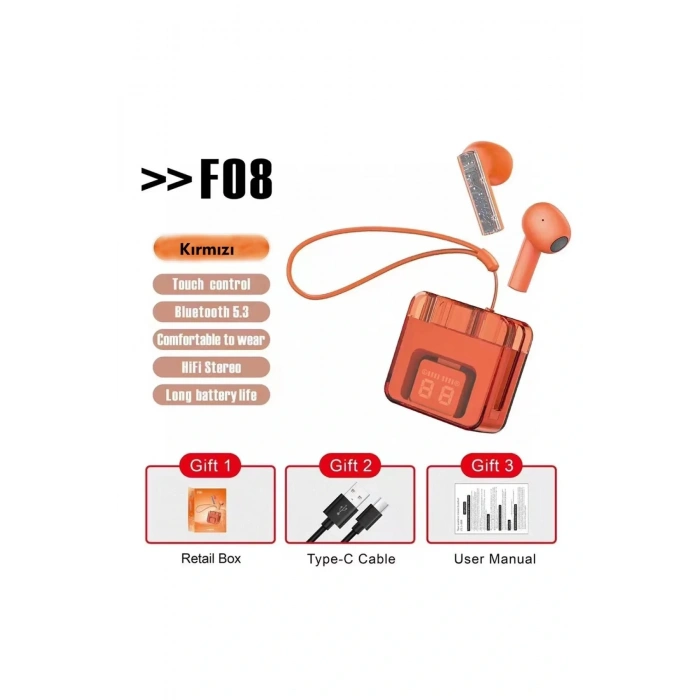 F08 Dijital Şarj Göstergeli TWS Bluetooth Kulaklık - Kırmızı