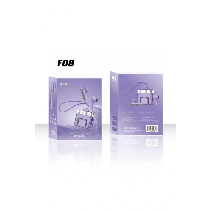 F08 Dijital Şarj Göstergeli TWS Bluetooth Kulaklık - Mor