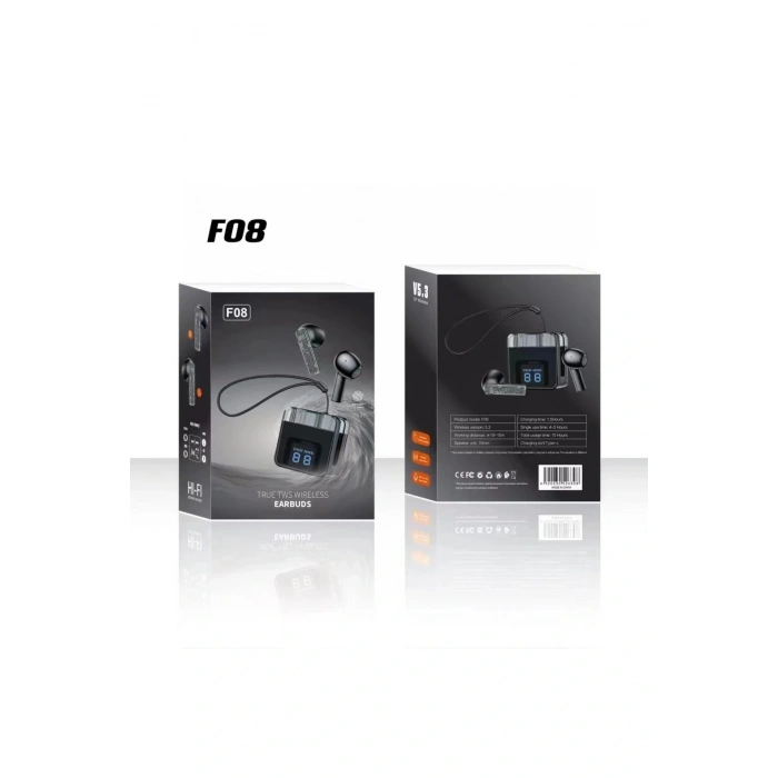 F08 Dijital Şarj Göstergeli TWS Bluetooth Kulaklık - Siyah