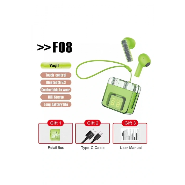 F08 Dijital Şarj Göstergeli TWS Bluetooth Kulaklık - Yeşil