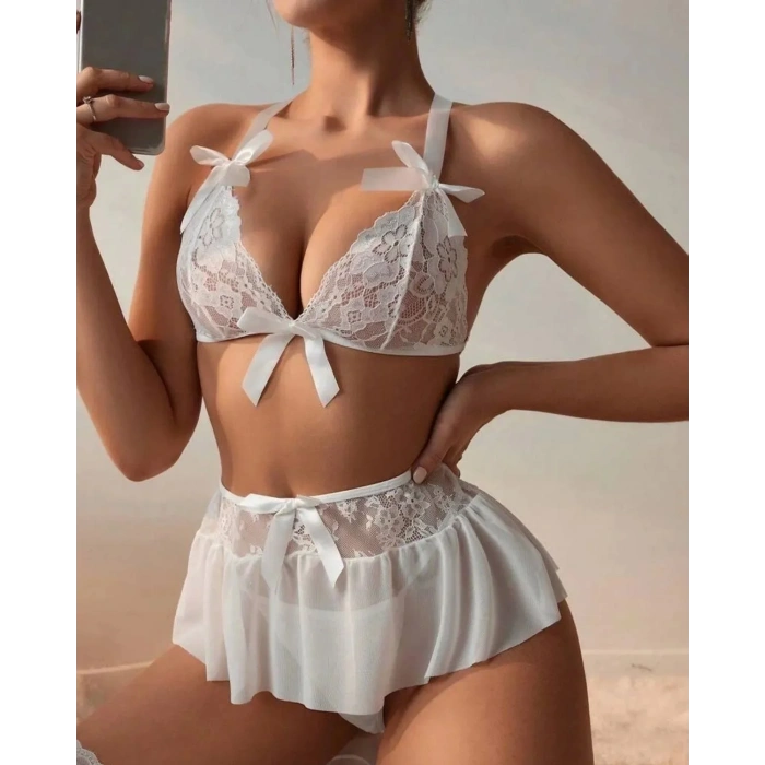 Fantazi Beyaz Dantelli Fiyonklu Seksi Babydol