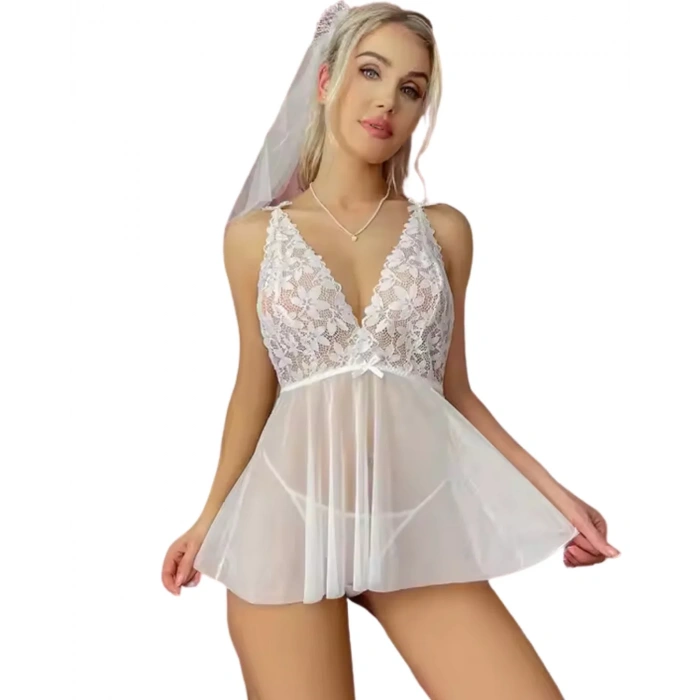 Fantezi Beyaz Dantelli Transparan Tül Etekli Seksi Elbise Gecelik