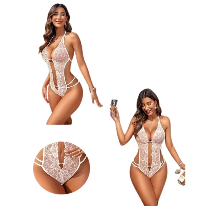 Fantezi Beyaz Dantelli Zincirli Seksi Babydoll