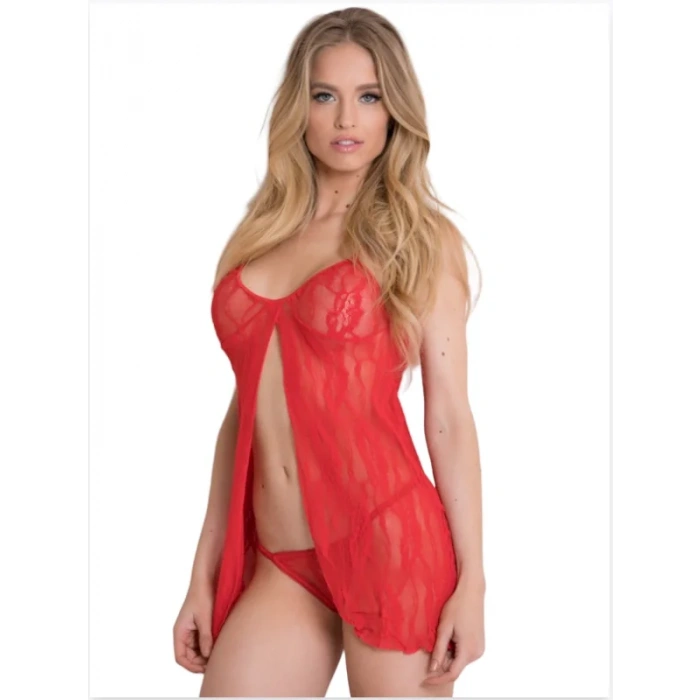 Fantezi Önü Açık Kırmızı Dantel Gecelik İç Giyim