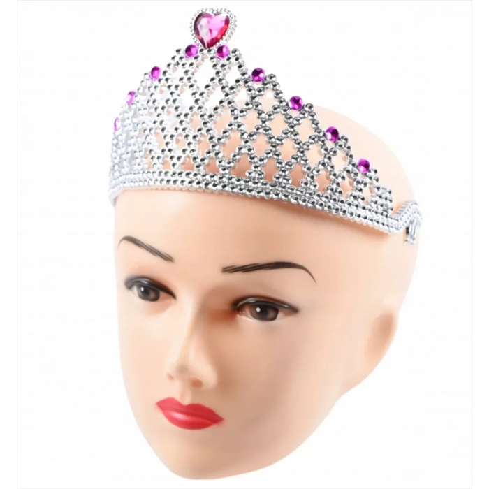 Fuşya Kalpli Gümüş Renk Kraliçe Tacı Prenses Tacı (4172)