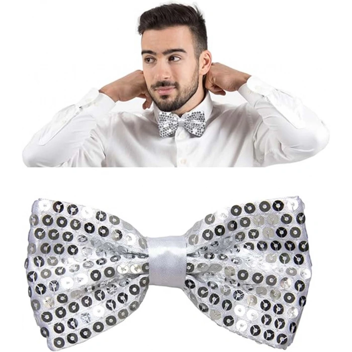 Gece Işıltısı Gümüş Payetli Pullu Papyon 7x2 Cm (4172)