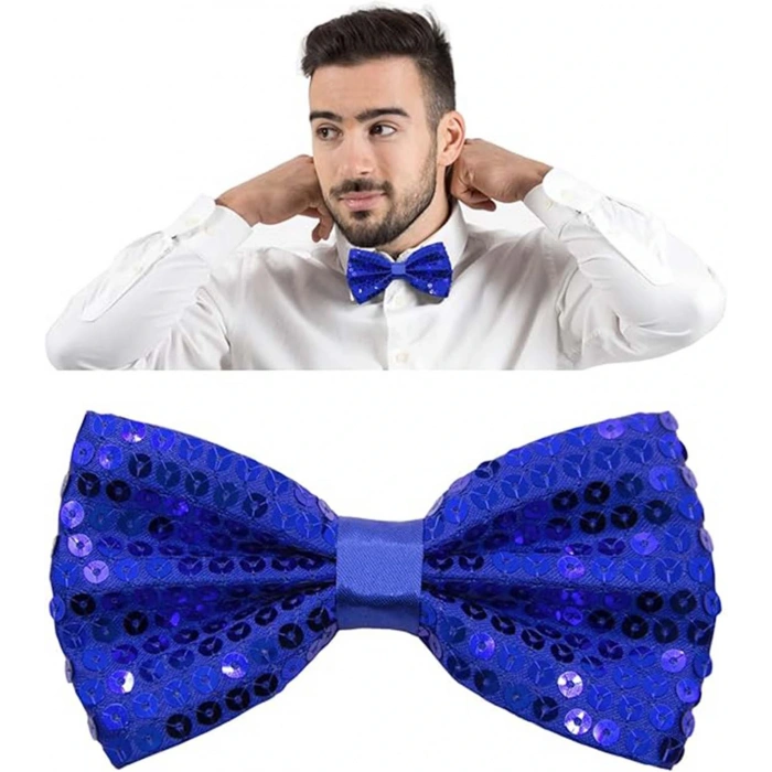 Gece Işıltısı Mavi Payetli Pullu Papyon 7x2 Cm (4172)