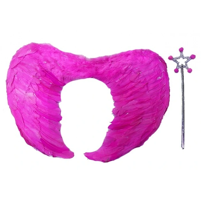Gerçek Tüylü Katlanabilir Çocuk Pembe Melek Kanadı Ve Asa Seti 40x55 Cm (4172)