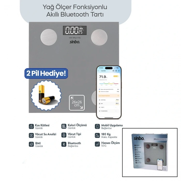 Gri Yağ Ölçer Akıllı Bluetooth Cam Baskül Pilli 180kg/50gr 26x26cm 8-kişi Hafıza Lcd Ekran ℃ Gösterge Sbs-4473 (4172)