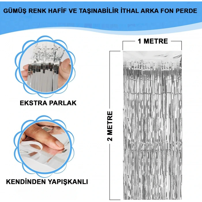 Gümüş Renk Ekstra Metalize Parlak Saçaklı Arka Fon Perde İthal A Kalite 1x2 Metre (4172)