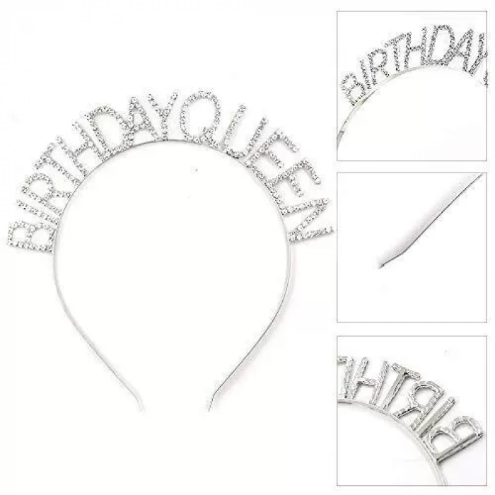 Gümüş Renk Kristal Taşlı Parlak Birthday Queen Yazılı Kraliçe Taç 16x17 Cm (4172)