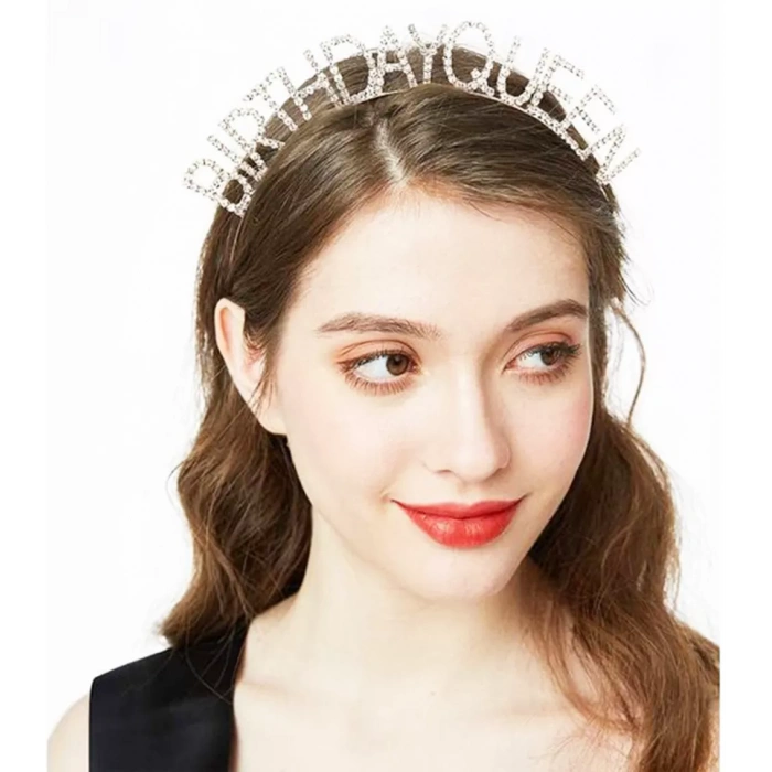 Gümüş Renk Kristal Taşlı Parlak Birthday Queen Yazılı Kraliçe Taç 16x17 Cm (4172)