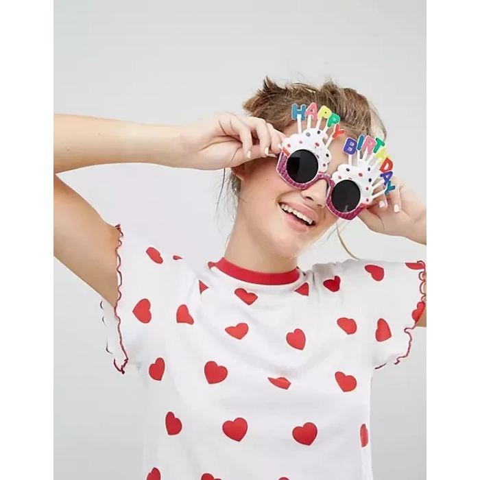 Happy Birthday Yazılı Beyaz Fuşya Renk Parti Gözlüğü 12x7 Cm (4172)