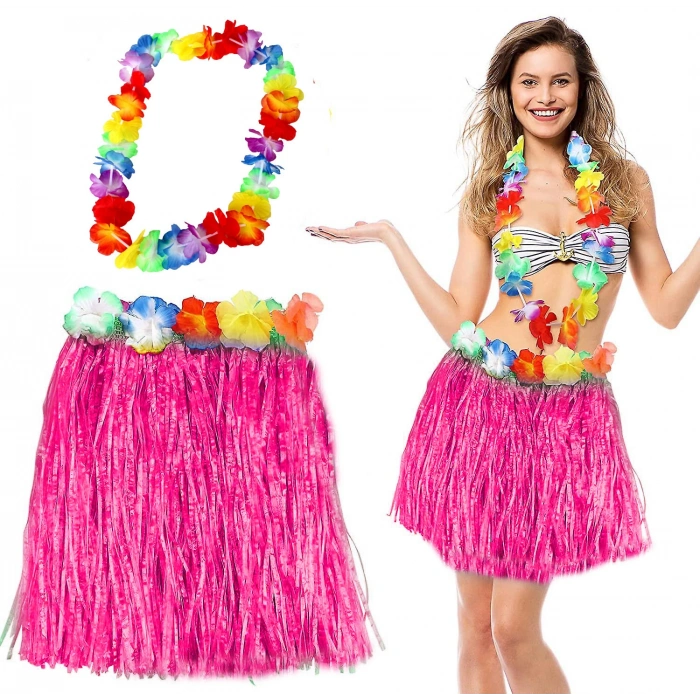 Hawaii Luau Aloha Pembe Püsküllü 40 Cm Etek Ve Hawaii Kolye Seti (4172)