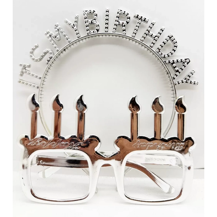 İt&apos;s My Birthday Yazılı Taç Ve Mum Şekilli Gözlük Seti Gümüş Renk (4172)