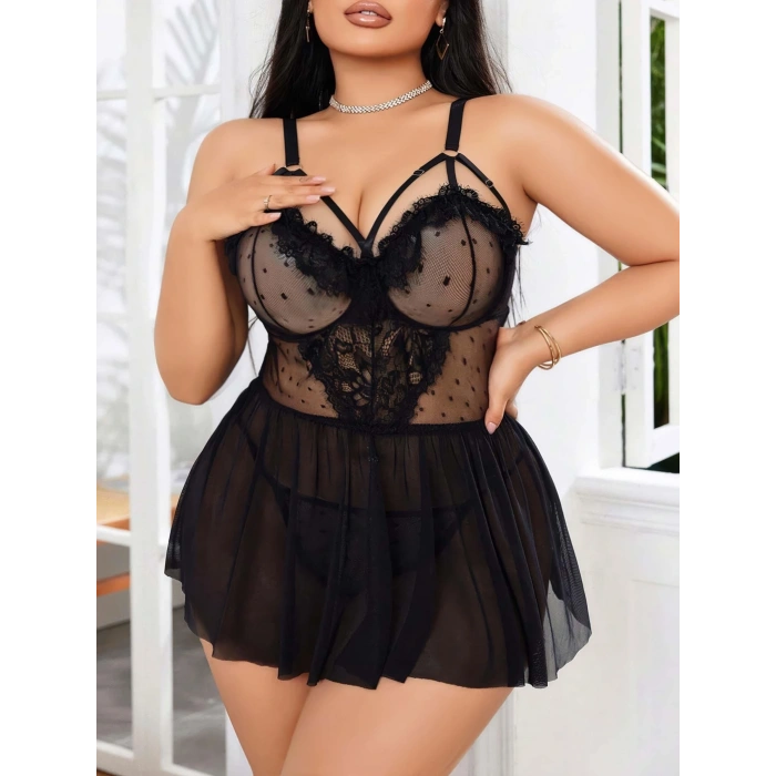 Kadın Nakışlı Siyah Gotik İp Askılı Büyük Beden Tüllü Transparan Fantezi Gecelik 8007