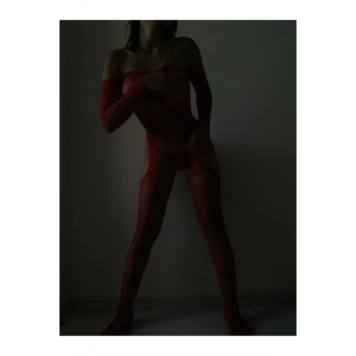 Kadın Özel Bölgesi Açık Kırmızı Fantezi Taşlı Vücut Çorabı