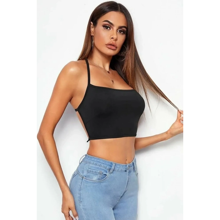 Kadın Sırtı Açık Siyah Belden Bağlamalı Crop Büstiyer