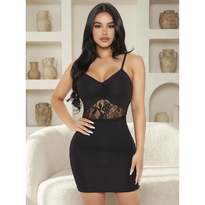 Kadın Siyah Göbek Dantel Detaylı Fantezi Elbise 5142