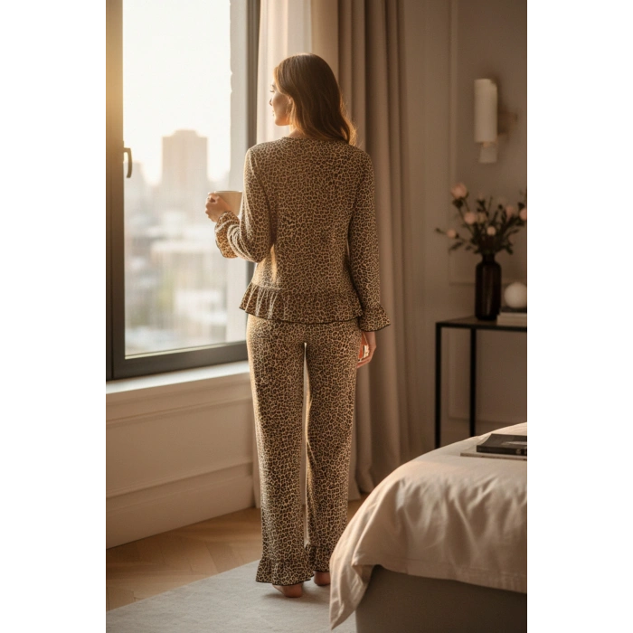 Kadın Uzun Kollu Leopar Desenli Fiyonklu Ev Giyim Pijama Takımı
