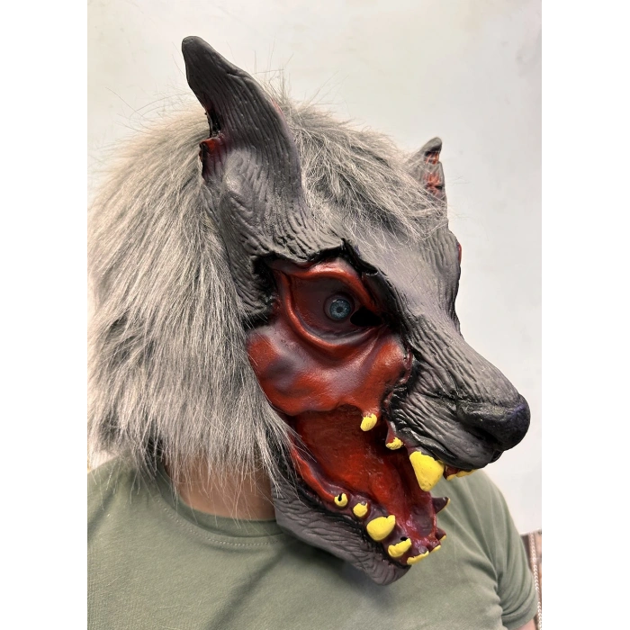 Kafaya Tam Geçmeli Lateks Dişli Ağzı Açık Kurt Maskesi (4172)