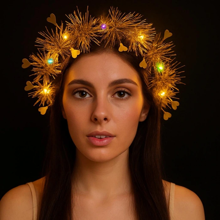 Kalp Püsküllü Gece Parıltısı 3 Modlu Led&apos;li Işıklı Taç Altın Renk (4172)