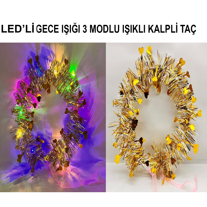 Kalp Püsküllü Gece Parıltısı 3 Modlu Led&apos;li Işıklı Taç Altın Renk (4172)