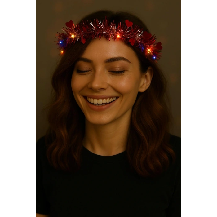 Kalp Püsküllü Gece Parıltısı 3 Modlu Led&apos;li Işıklı Taç Kırmızı Renk (4172)