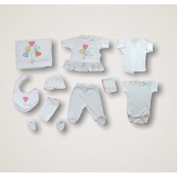 Kalpli Uçan Balon Nakışlı  10lu Zıbın Takımı Hastane Çıkışı Ekru