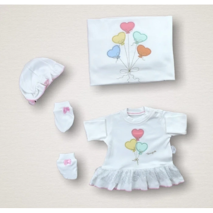 Kalpli Uçan Balon Nakışlı  10lu Zıbın Takımı Hastane Çıkışı Ekru