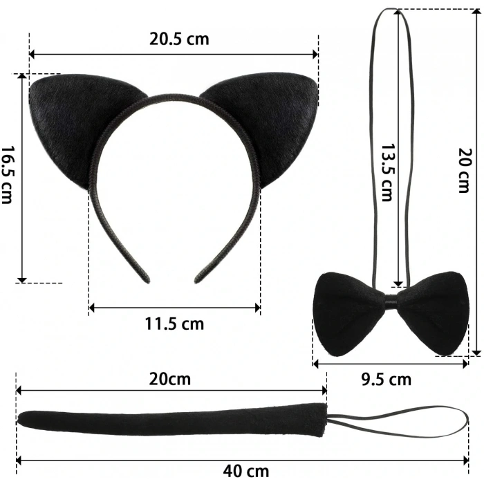 Kedi Kostüm Taç Kuyruk Papyon Seti 1 Adet (4172)