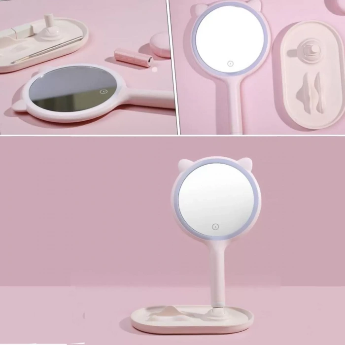 Kedi Kulaklı Telefon Standlı Yuvarlak Dokunmatik Led Ayarlı Masa Üstü Makyaj Aynası (4172)