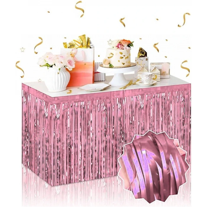 Kendinden Yapışkanlı Rose Gold Metalize Püsküllü Masa Eteği – 75 X 275 Cm Parti Süslemesi (4172)