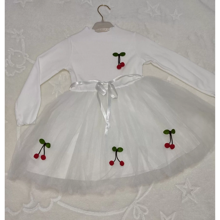 Kiraz Desenli Kurdela Kuşaklı Astarlı Uzun Kollu Kız Çocuk Tütü Elbise Beyaz