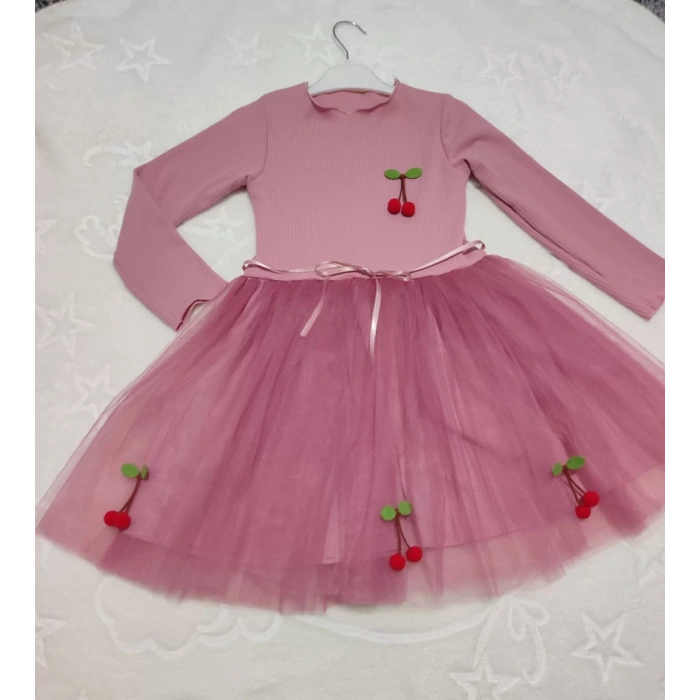 Kiraz Desenli Kurdela Kuşaklı Astarlı Uzun Kollu Kız Çocuk Tütü Elbise Gül Kurusu