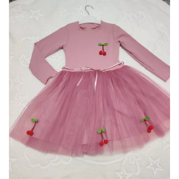 Kiraz Desenli Kurdela Kuşaklı Astarlı Uzun Kollu Kız Çocuk Tütü Elbise Gül Kurusu