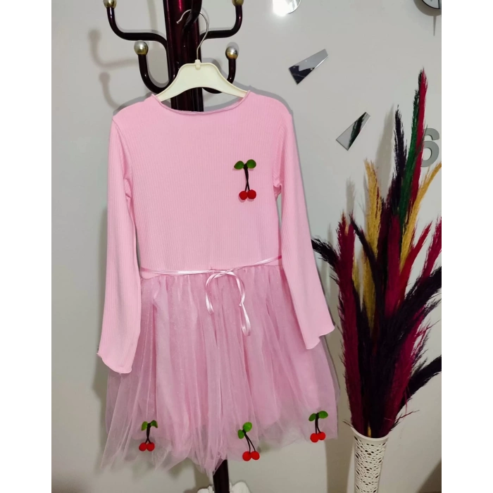 Kiraz Desenli Kurdela Kuşaklı Astarlı Uzun Kollu Kız Çocuk Tütü Elbise Pembe