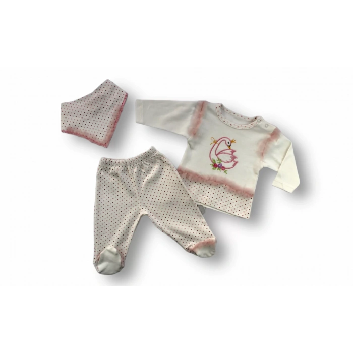 Kraliçe Kuğu Nakışlı Bandajlı Uzun Kollu Sweatli 3lü Kız Bebek Takımı Ekru