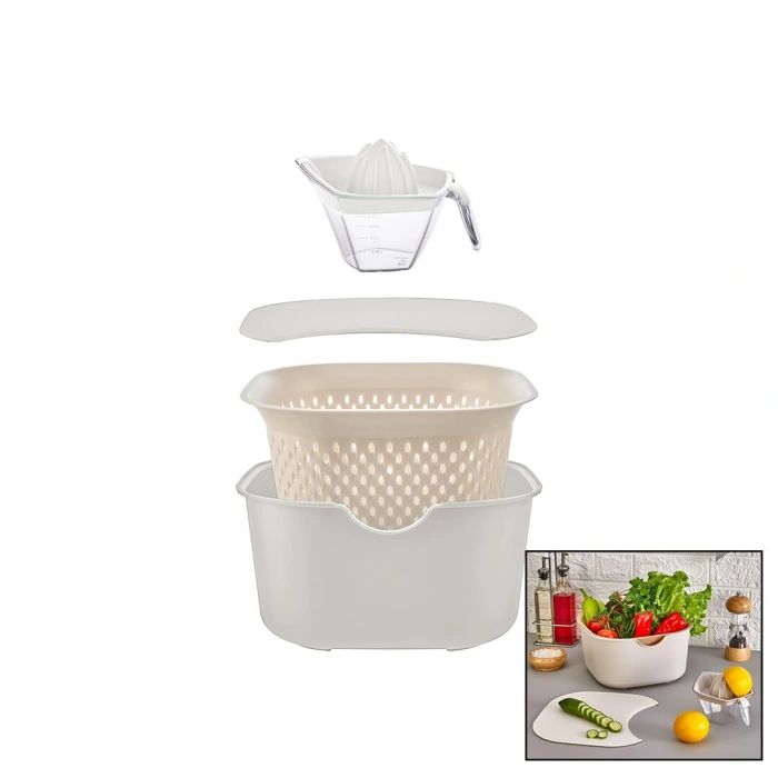 Krem 5pcs Mutfak Seti Pls.karıştırma Kap=4lt - Süzgeç=3.5lt - Kesim Pano - Sıkacak=0.25lt (4172)