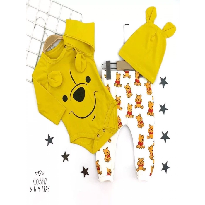 Kulaklı Şapka Ayıcık Desenli Zıbınlı 3lü Kız Erkek Bebek Takımı Sarı