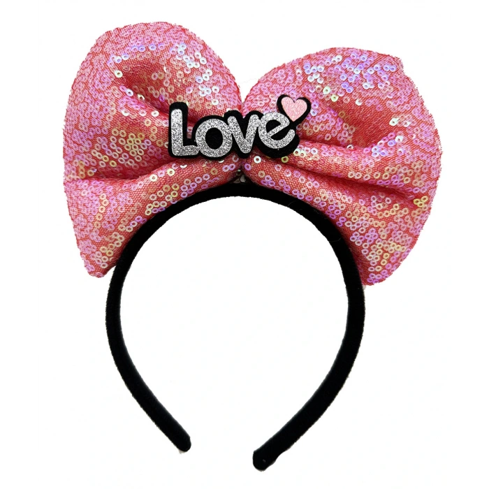 Led Işıklı 3 Farklı Fonksiyonda Yanan Gümüş Love Yazılı Fuşya Pembe Fiyonk Taç 20x17 Cm (4172)