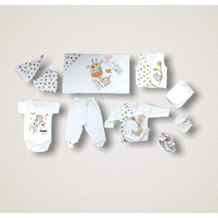 Love Zürafa Nakışlı  10lu Zıbın Takımı Hastane Çıkışı Ekru