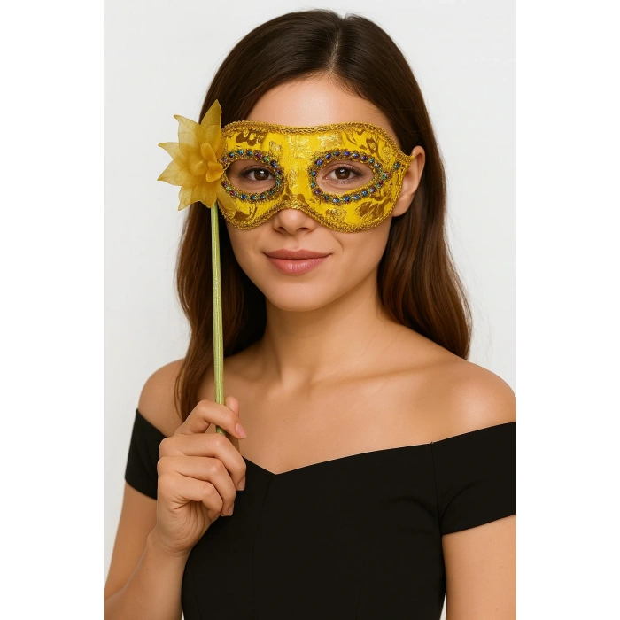 Lüks Taşlı Saplı Maskeli Balo Maskesi Altın Renk 35 Cm (4172)