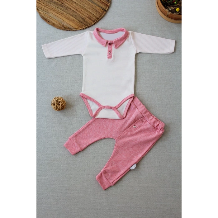 Melanjlı Uzun Kollu Zıbınlı 2li Kız Bebek Takımı Pembe