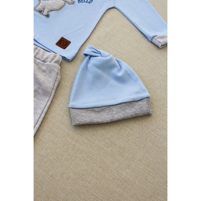 Minik Dino Nakışlı Şapkalı Uzun Kollu Sweat 3lü Kız-erkek Bebek Takımı Mavi