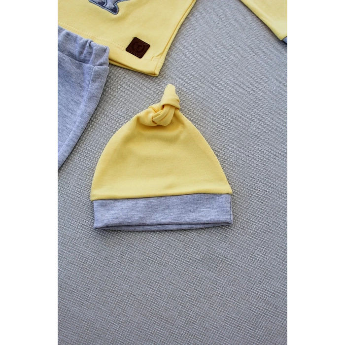 Minik Dino Nakışlı Şapkalı Uzun Kollu Sweat 3lü Kız-erkek Bebek Takımı Sarı
