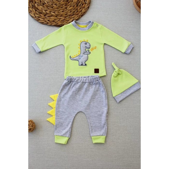 Minik Dino Nakışlı Şapkalı Uzun Kollu Sweat 3lü Kız-erkek Bebek Takımı Yeşil