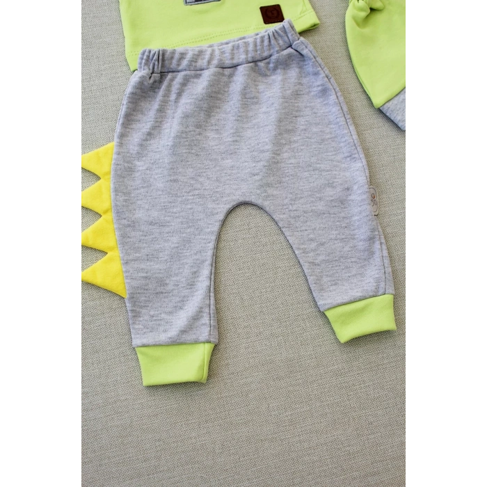 Minik Dino Nakışlı Şapkalı Uzun Kollu Sweat 3lü Kız-erkek Bebek Takımı Yeşil